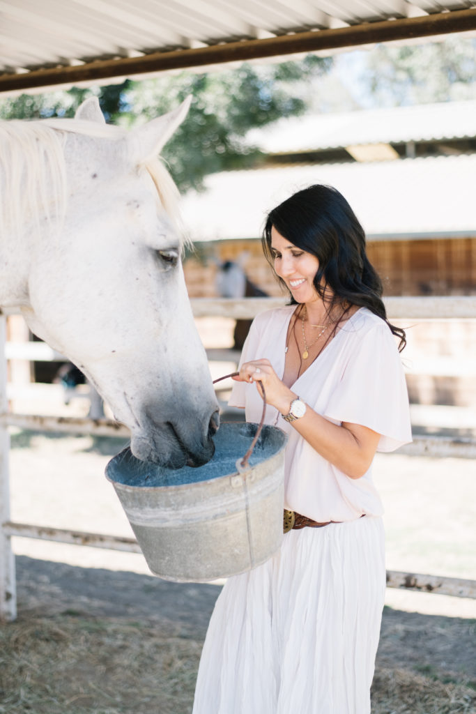 A woman feeds a horse from a bucket to define her personal brand